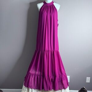 MSK Fuchsia/ Wine Tiered Ruffled Halter Neck Sleeveless Dress Sz XL